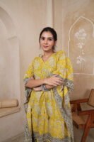 Women’s Yellow Paisley Printed Long Kaftan Dress | Free Size | 52 Inch Length | Relaxed Fit