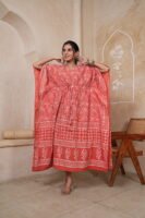 Women’s Coral Orange Printed Long Kaftan Dress | Free Size | 52 Inch Length | Relaxed Fit