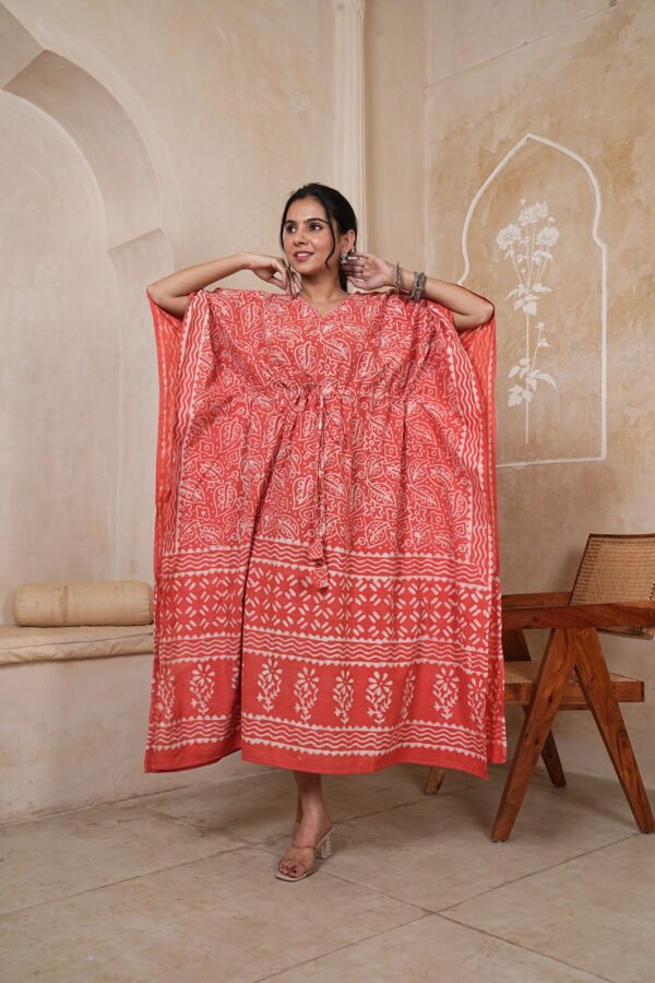 Women’s Coral Orange Printed Long Kaftan Dress | Free Size | 52 Inch Length | Relaxed Fit