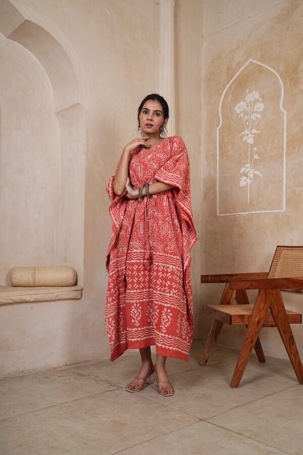 Women’s Coral Orange Printed Long Kaftan Dress | Free Size | 52 Inch Length | Relaxed Fit