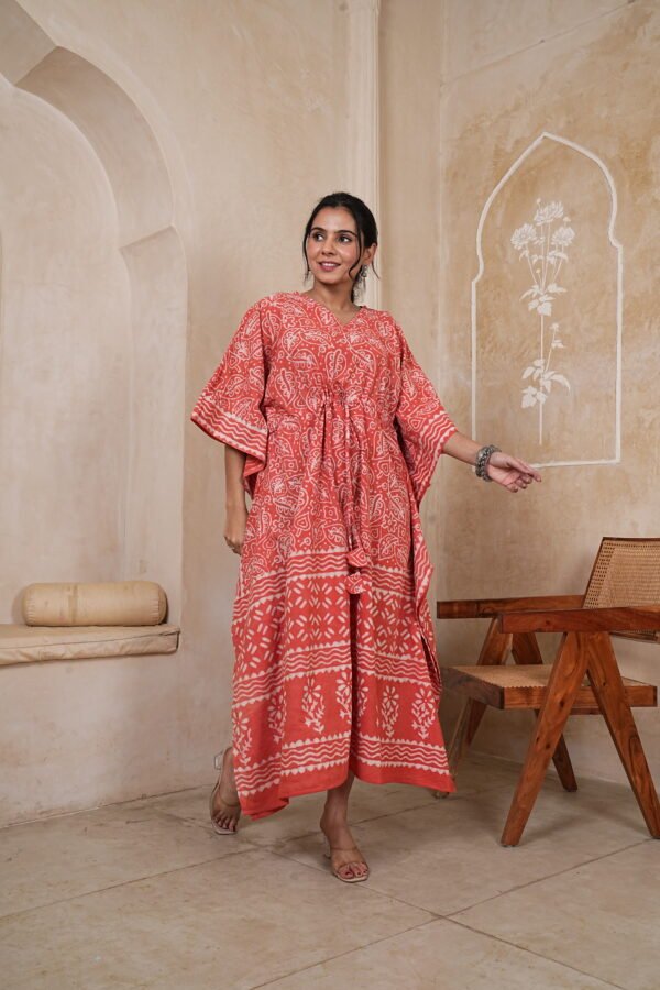 Women’s Coral Orange Printed Long Kaftan Dress | Free Size | 52 Inch Length | Relaxed Fit