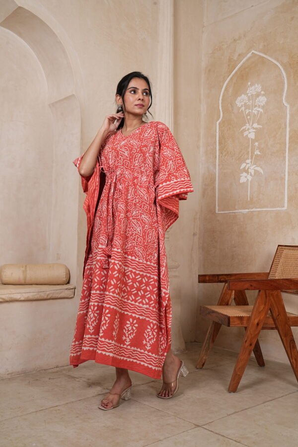 Women’s Coral Orange Printed Long Kaftan Dress | Free Size | 52 Inch Length | Relaxed Fit