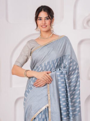 Premium Muslin Modal Silk Striped Printed Saree with Zari Border