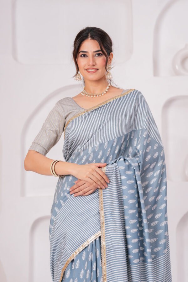 Premium Muslin Modal Silk Striped Printed Saree with Zari Border