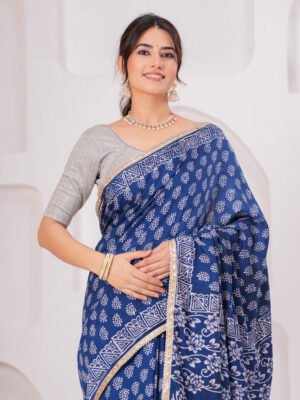 Premium Muslin Modal Silk Ethnic Printed Saree with Designer Pallu & Zari Border