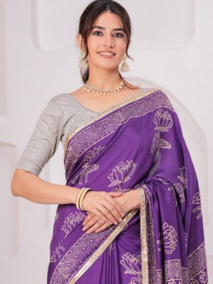 Elegant Muslin Modal Silk Printed Saree with Zari Border & Designer Pallu