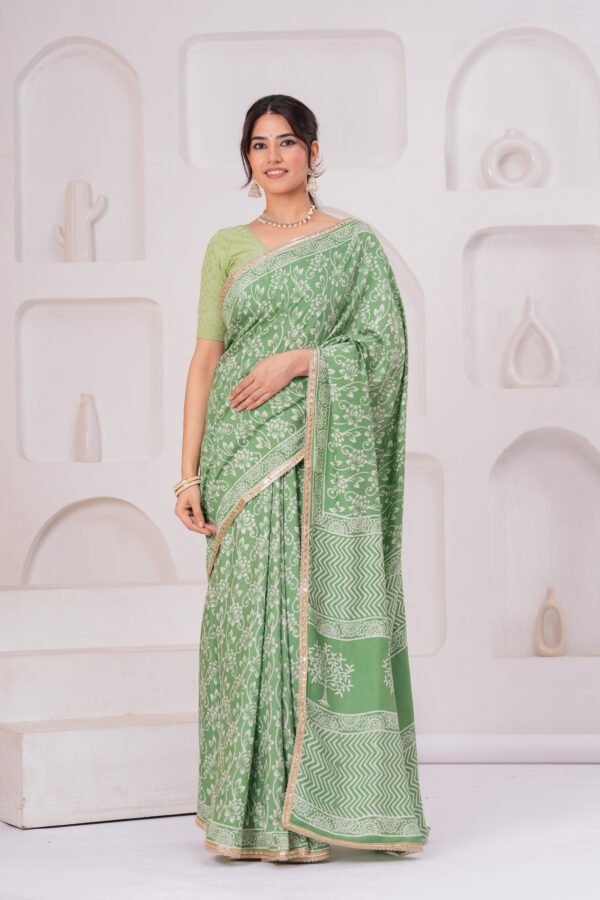Elegant Muslin Modal Silk Printed Saree with Zari Border & Designer Pallu