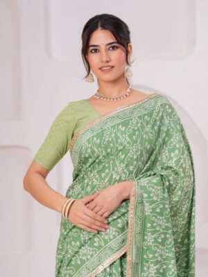 Elegant Muslin Modal Silk Printed Saree with Zari Border & Designer Pallu