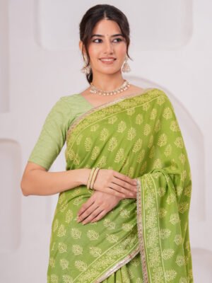 Premium Muslin Modal Silk Printed Saree with Ethnic Pallu & Zari Border