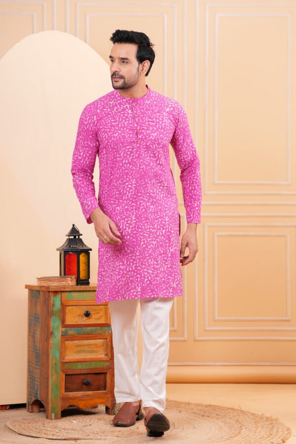 Men’s Premium Pink Printed Cotton Kurta