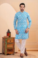 Men’s Premium Sky Blue Floral Printed Cotton Kurta