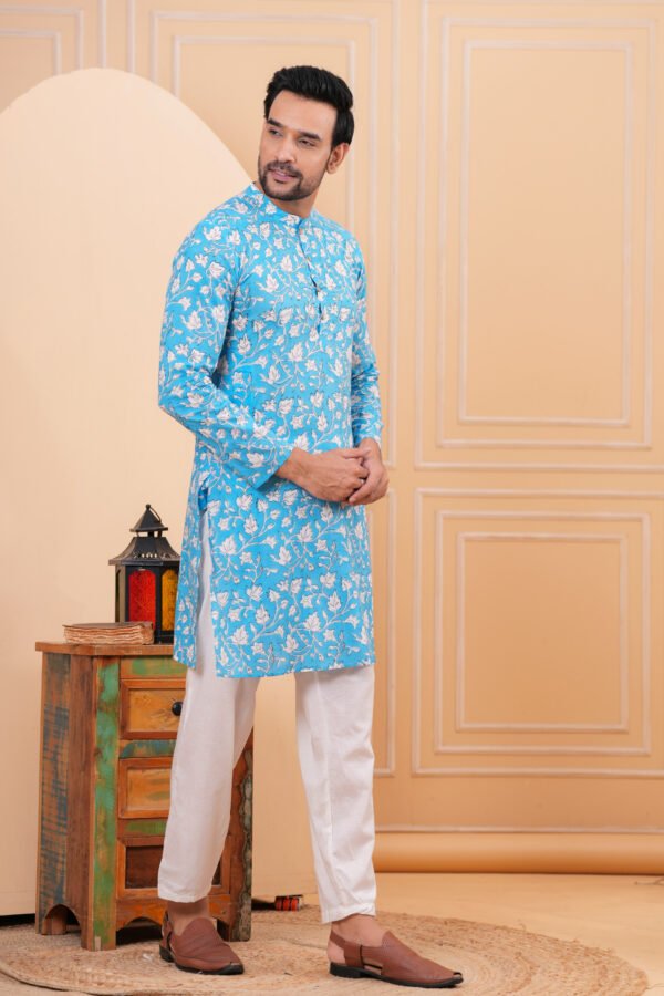 Men’s Premium Sky Blue Floral Printed Cotton Kurta