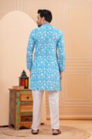 Men’s Premium Sky Blue Floral Printed Cotton Kurta
