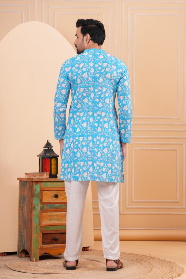 Men’s Premium Sky Blue Floral Printed Cotton Kurta
