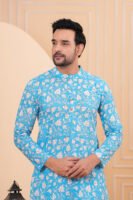 Men’s Premium Sky Blue Floral Printed Cotton Kurta