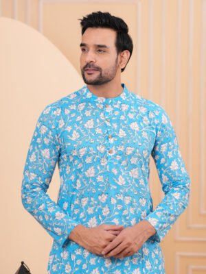 Men’s Premium Sky Blue Floral Printed Cotton Kurta