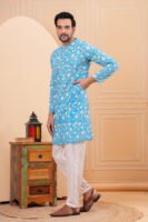 Men’s Premium Sky Blue Floral Printed Cotton Kurta