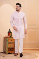 Men’s White & Red Striped Cotton Kurta with Pajama Set
