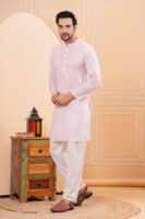 Men’s White & Red Striped Cotton Kurta with Pajama Set