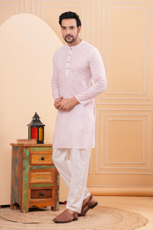 Men’s White & Red Striped Cotton Kurta with Pajama Set
