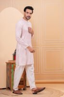 Men’s White & Red Striped Cotton Kurta with Pajama Set