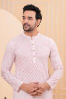 Men’s White & Red Striped Cotton Kurta with Pajama Set