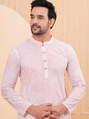 Men’s White & Red Striped Cotton Kurta with Pajama Set