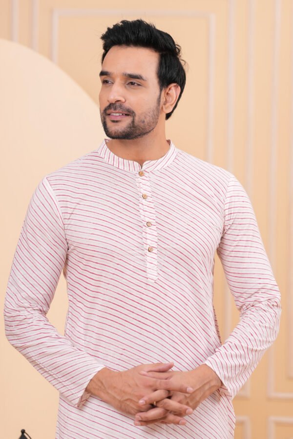 Men’s White & Red Striped Cotton Kurta with Pajama Set
