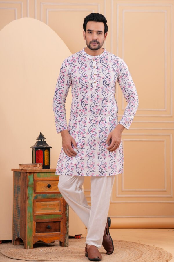 Men’s White Floral Printed Cotton Kurta with Pajama Set