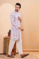 Men’s White Floral Printed Cotton Kurta with Pajama Set