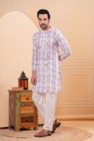 Men’s White Floral Printed Cotton Kurta with Pajama Set