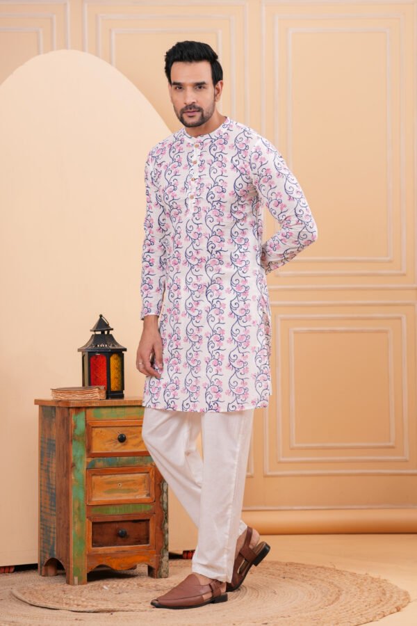 Men’s White Floral Printed Cotton Kurta with Pajama Set