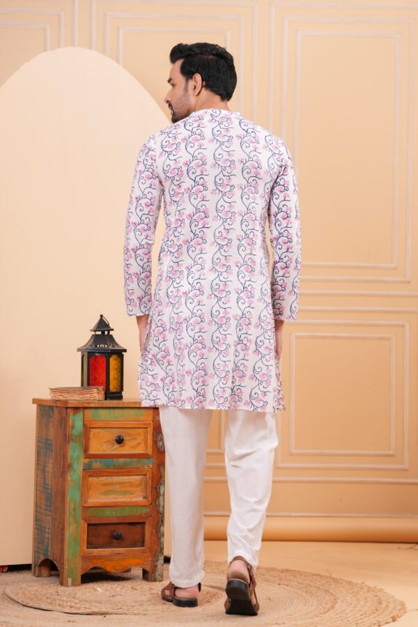Men’s White Floral Printed Cotton Kurta with Pajama Set