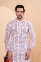 Men’s White Floral Printed Cotton Kurta with Pajama Set