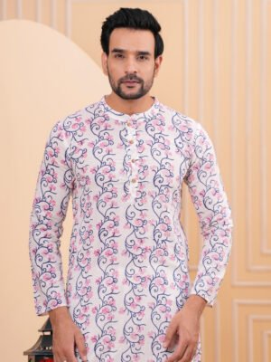 Men’s White Floral Printed Cotton Kurta with Pajama Set