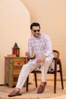 Men’s White Floral Printed Cotton Kurta with Pajama Set