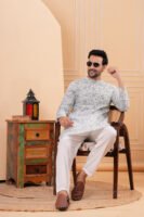 Men’s Grey Floral Printed Cotton Kurta with Pajama Set