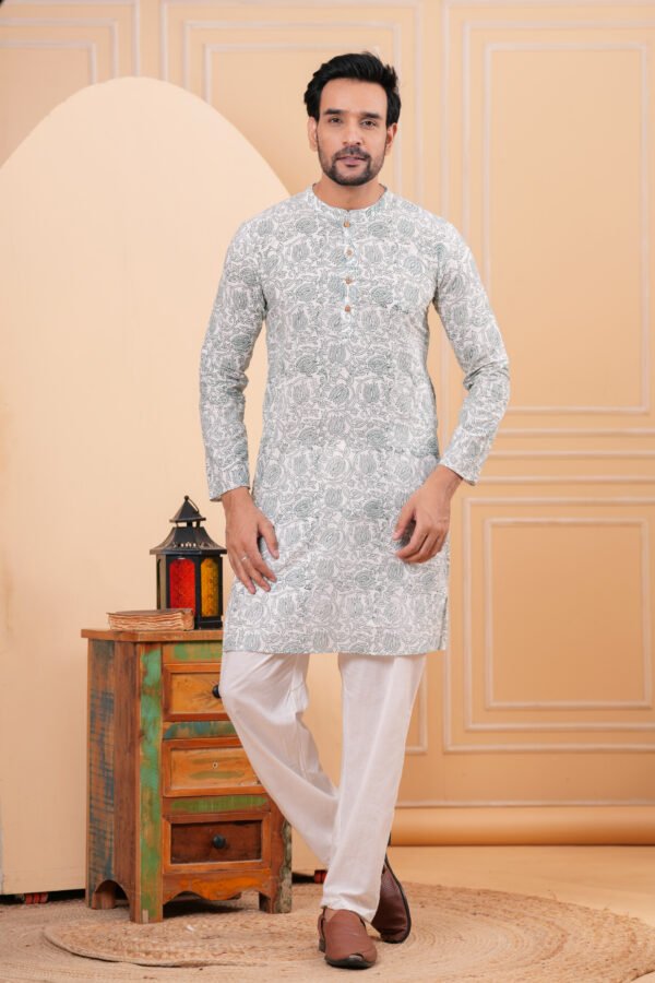 Men’s Grey Floral Printed Cotton Kurta with Pajama Set