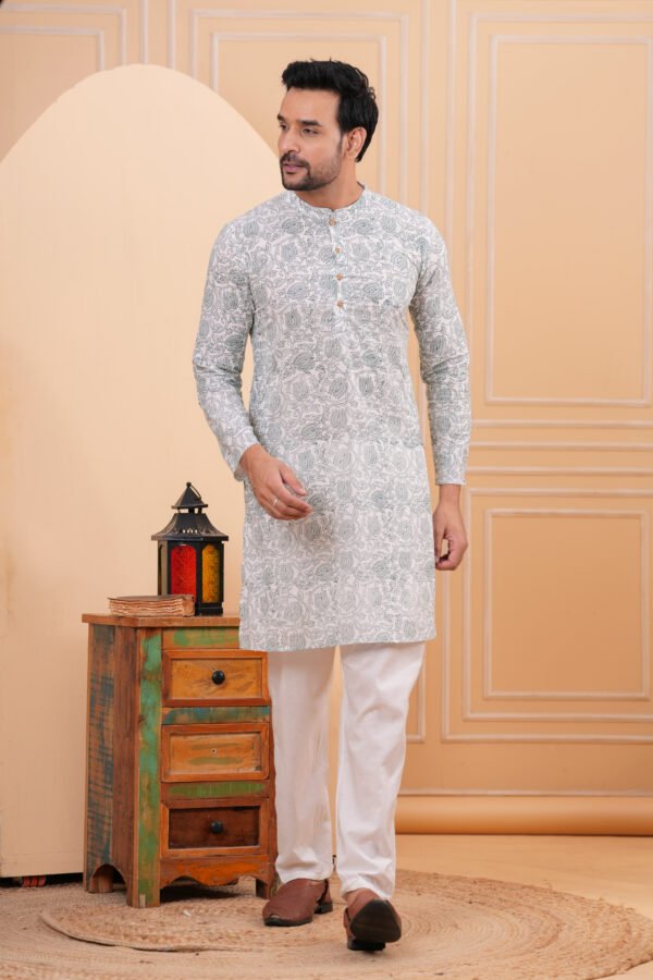 Men’s Grey Floral Printed Cotton Kurta with Pajama Set