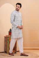 Men’s Grey Floral Printed Cotton Kurta with Pajama Set