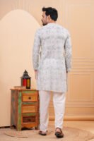 Men’s Grey Floral Printed Cotton Kurta with Pajama Set