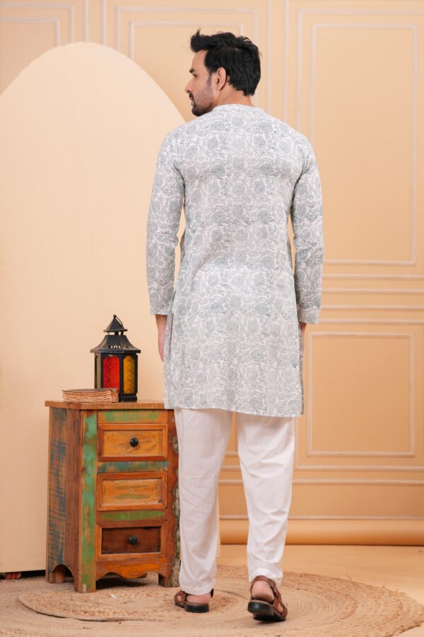 Men’s Grey Floral Printed Cotton Kurta with Pajama Set