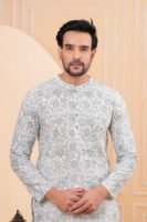 Men’s Grey Floral Printed Cotton Kurta with Pajama Set