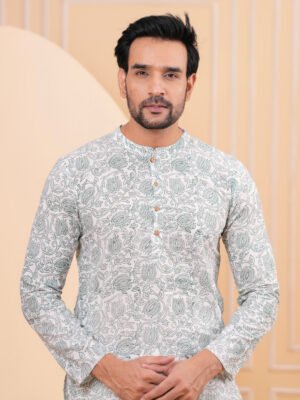 Men’s Grey Floral Printed Cotton Kurta with Pajama Set