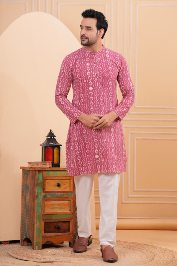 Men’s Pink Ethnic Printed Cotton Kurta with Pajama Set