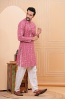 Men’s Pink Ethnic Printed Cotton Kurta with Pajama Set