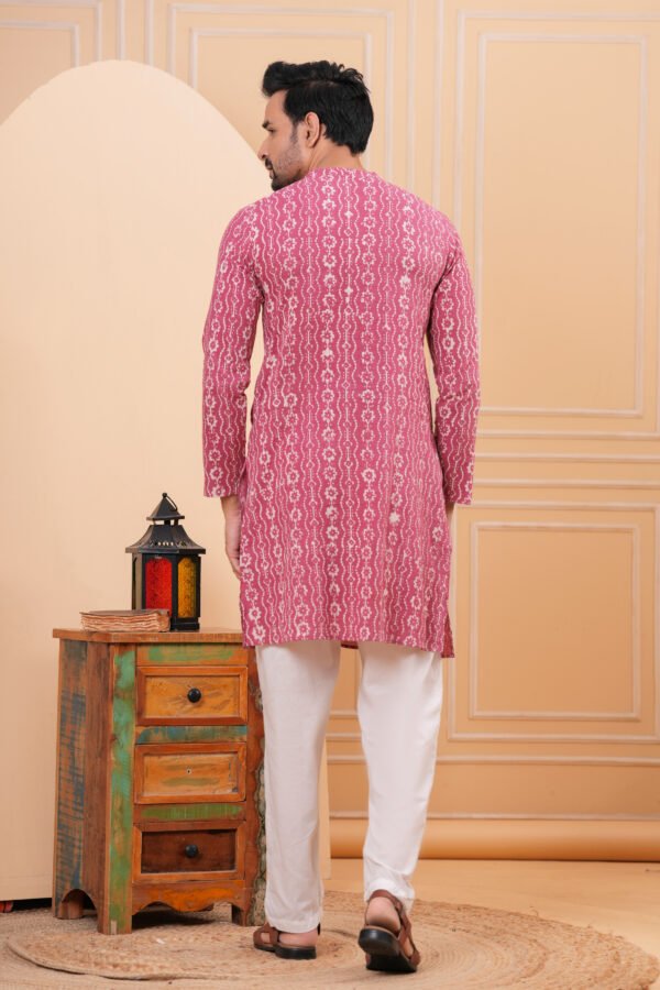 Men’s Pink Ethnic Printed Cotton Kurta with Pajama Set