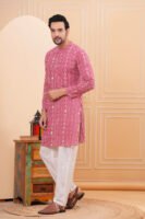Men’s Pink Ethnic Printed Cotton Kurta with Pajama Set
