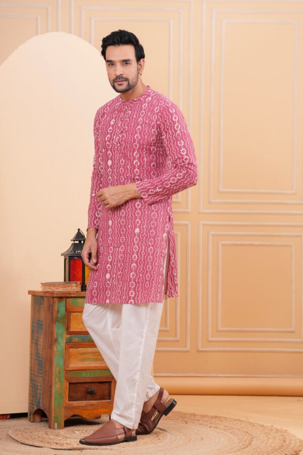Men’s Pink Ethnic Printed Cotton Kurta with Pajama Set