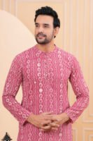 Men’s Pink Ethnic Printed Cotton Kurta with Pajama Set